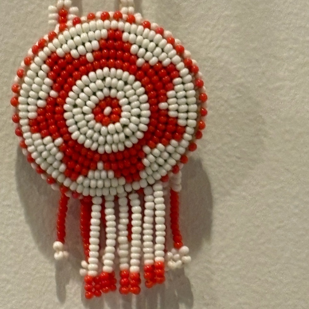 Red and White Seed Beaded Native Art Dreamcatcher Pendant.